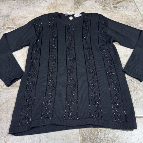 Karen Scott Sweaters - Vintage Karen Scott Evening Beaded Sweater Womens Medium Black Goth Embellished